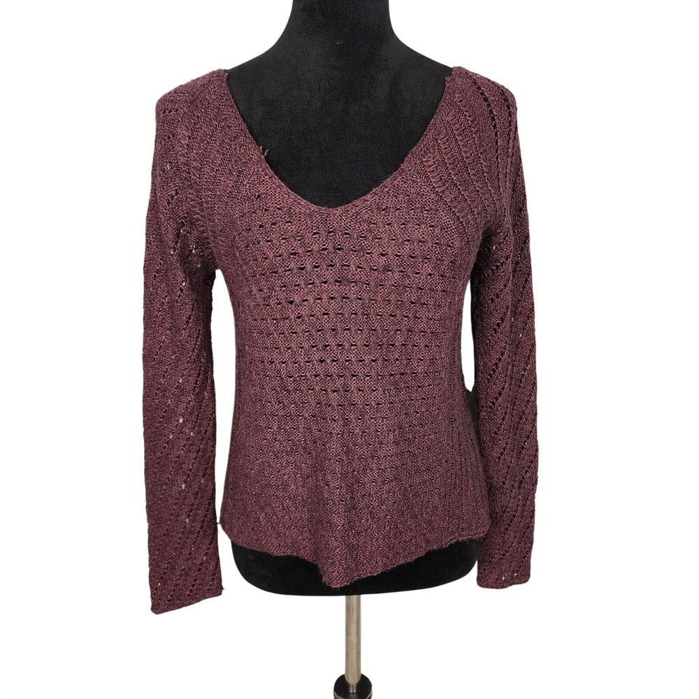 AEO American Eagle Sz Small Purple V-neck Open Knit Wool Blend Metallic Sweater